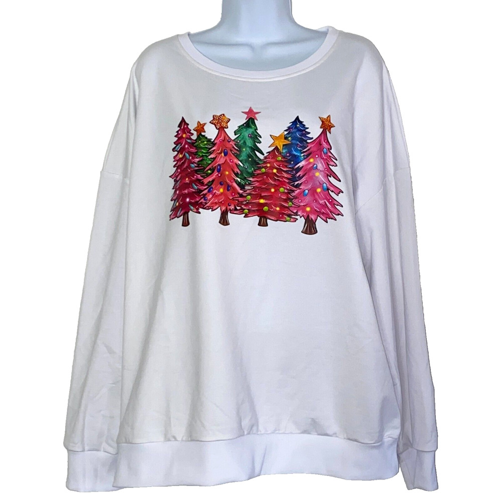 Aprflower Sweatshirt Womens Size 2XL White Christmas Multicolor Trees